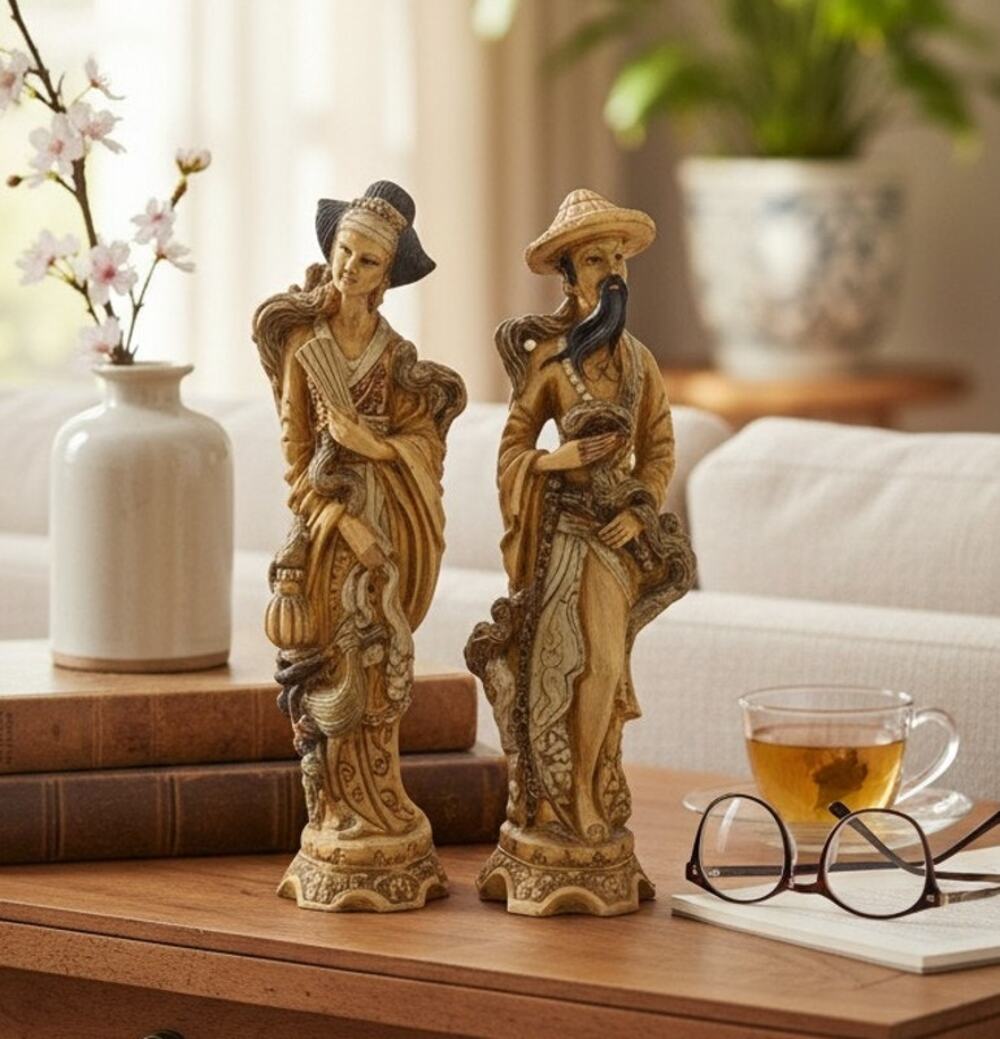 Vintage ArtMark Italy Goddess & Sorcerer Asian Chinese Resin Statues 9.75" Pair
